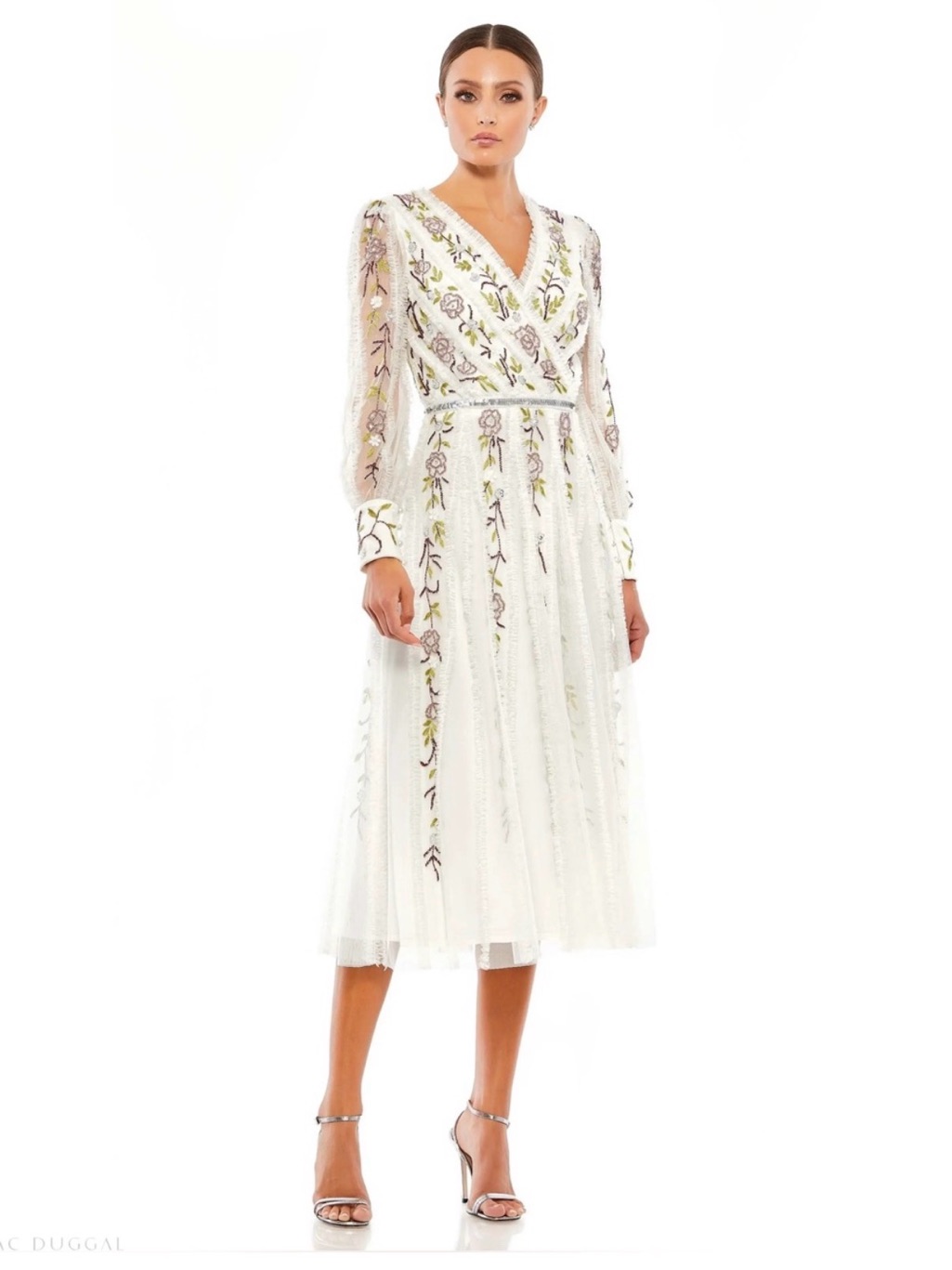 Nwt Mac Duggal 9133 Floral Beaded Ruffle Long-Sleeve Midi Dress, Sz 6, Ivorymult